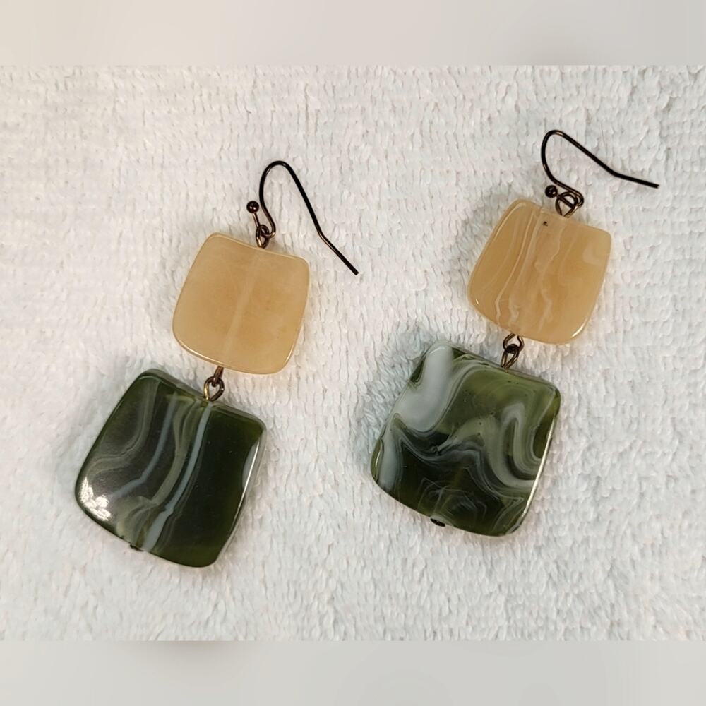 Cream and Green Geometric Resin Statement Dangle Earrings – Pierced - Picture 2 of 8